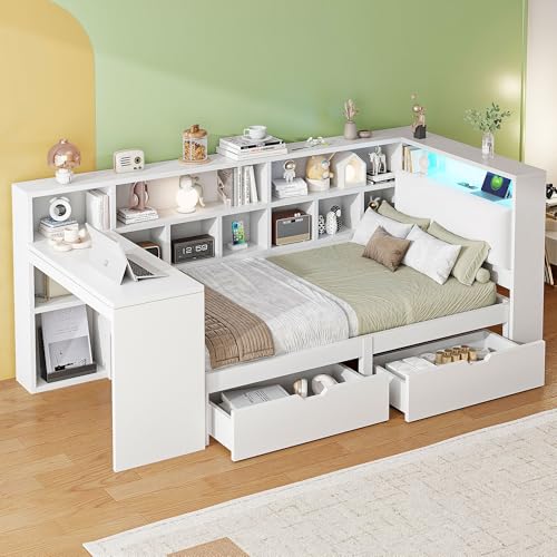Holzbett Schlafsofa 90x200, Einzelbett mit Schreibtisch&Bücherregal&2 Schubladen&LED-Licht&USB-Ladefunktion, Multifunktionsbett Jugendbett mit Lattenrost&gepolstertem Kopfteil, MDF, Ohne Matratze,Weiß von MYBOO