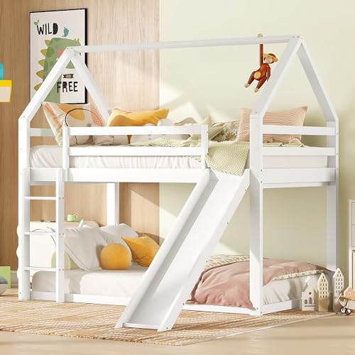 Kinderbett 90 x 200, Kinderhochbett Hausbett für 2 Kinder, Multifunktionales Etagenbett Hochbett mit Rutsche, Holzbett mit Rausfallschutz und Leiter, Bett mit Lattenrost, Kiefernholz Bettrahmen, Weiß von MYBOO