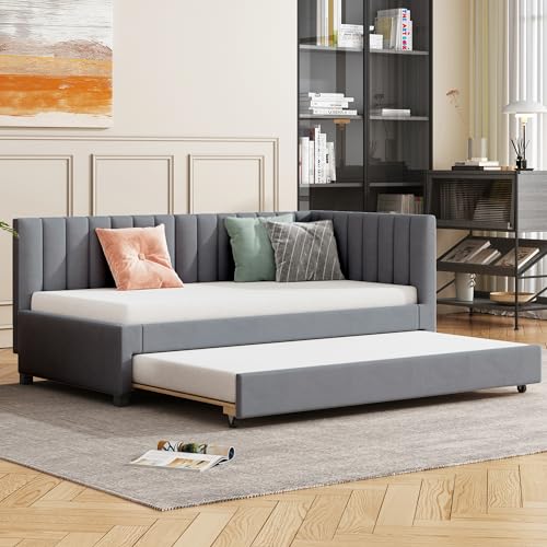 Kinderbett 90x200, Bett Schlafsofa mit Ausziehbares Rollbett und Lattenrost, Polsterbett Tagesbett Sofabett Jugendbett Einzelbett Doppelbett Gästebett für Wohnzimmer Schlafzimmer, Samtstoff, Grau Kinderbett 90x200, Bett Schlafsofa mit Ausziehbares Rollbett und Lattenrost, Polsterbett Tagesbett Sofabett Jugendbett Einzelbett Doppelbett Gästebett für Wohnzimmer Schlafzimmer, Samtstoff, Grau von MYBOO