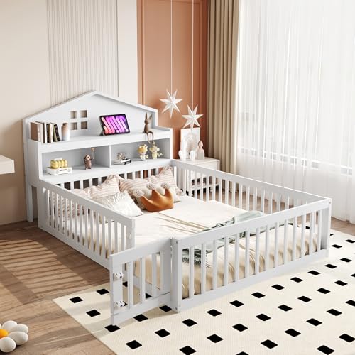 Kinderbett Bodenbett 140x200 cm mit Rausfallschutz&Lattenrost&Tür &Stauraum-Kopfteil&Tafel, Montessori Bett Bed Gitterbett Hausbett Kinder Jugendbett Doppelbett Holzbett Bettgestell, Massivholz, Weiß Kinderbett Bodenbett 140x200 cm mit Rausfallschutz&Lattenrost&Tür &Stauraum-Kopfteil&Tafel, Montessori Bett Bed Gitterbett Hausbett Kinder Jugendbett Doppelbett Holzbett Bettgestell, Massivholz, Weiß von MYBOO