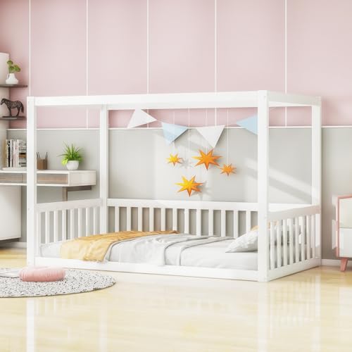 Kinderbett Bodenbett 90x200 cm, Montessori Bett Bed mit Rausfallschutz, Gitterbett Kinder Jugendbett Einzelbett Holzbett Bettgestell Himmelbett Spielbett, Kiefernholz, Ohne Matratze&Lattenrost, Weiß Kinderbett Bodenbett 90x200 cm, Montessori Bett Bed mit Rausfallschutz, Gitterbett Kinder Jugendbett Einzelbett Holzbett Bettgestell Himmelbett Spielbett, Kiefernholz, Ohne Matratze&Lattenrost, Weiß von MYBOO