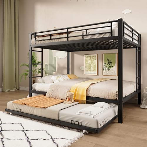 Kinderbett Etagenbett 140x200 cm, Hochbett Stockbett mit Ausziehbett, Metallbett Eisenbett Jugendbett Doppelbett Bettgestell Funktionsbett Kinderhochbett mit Rausfallschutz, Ohne Matratze, Schwarz von MYBOO