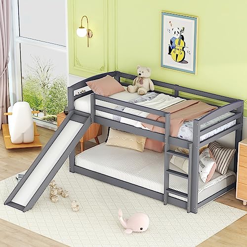 Kinderbett Etagenbett 90×200, Hochbett Kinder mit Leiter, Rutsche und Lattenrost, Platzsparendes Hausbett Etagenbettrahmen Spielbett Jugendbett, Holzbett aus massiver Kiefer, Ohne Matratze, Grau von MYBOO