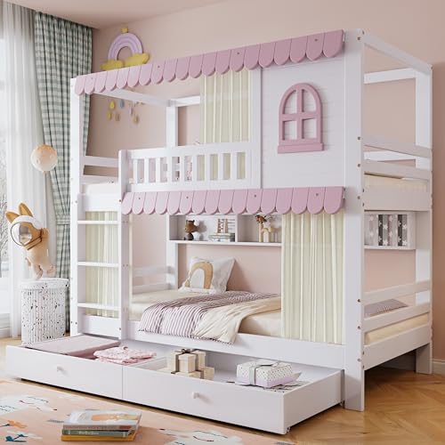 Kinderbett Etagenbett 90x200, Hochbett für 2 Kinder, Hausbett mit 2 Schubladen&Regal&Leiter&Fenstern&Vorhängen, Doppelbett Holzbett mit Lattenrost&Rausfallschutz, Kiefer, Ohne Matratze, Weiß+Rosa von MYBOO