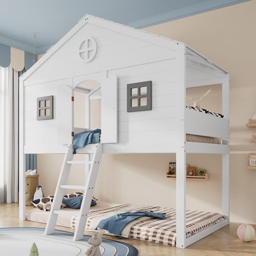 Kinderbett Etagenbett 90x200, Hochbett für 2 Kinder, Hausbett mit Leiter&2 Fenstern&Dach&Türen, Doppelbett Holzbett Bettgestell mit Lattenrost&Rausfallschutz, Kiefer+MDF, Ohne Matratze, Weiß+Grau von MYBOO