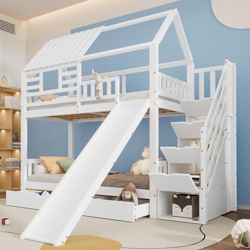 Kinderbett Etagenbett 90x200, Hochbett für 2 Kinder, Hausbett mit Stauraumtreppen&Schublade&Rutsche&Fenster&Dach, Doppelbett Holzbett Stockbett mit Lattenrost&Rausfallschutz, Kiefer,Ohne Matratze,Weiß Kinderbett Etagenbett 90x200, Hochbett für 2 Kinder, Hausbett mit Stauraumtreppen&Schublade&Rutsche&Fenster&Dach, Doppelbett Holzbett Stockbett mit Lattenrost&Rausfallschutz, Kiefer,Ohne Matratze,Weiß von MYBOO