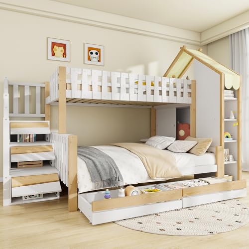 Kinderbett Etagenbett 90x200&140x200, Hochbett Hausbett mit 2 Schubladen&Stauraumtreppe&4 Staufächer&Ablagefach&Dach, Stockbett Doppelbett Holzbett mit Lattenrost&Rausfallschutz, Kiefer, Weiß+Natur Kinderbett Etagenbett 90x200&140x200, Hochbett Hausbett mit 2 Schubladen&Stauraumtreppe&4 Staufächer&Ablagefach&Dach, Stockbett Doppelbett Holzbett mit Lattenrost&Rausfallschutz, Kiefer, Weiß+Natur von MYBOO