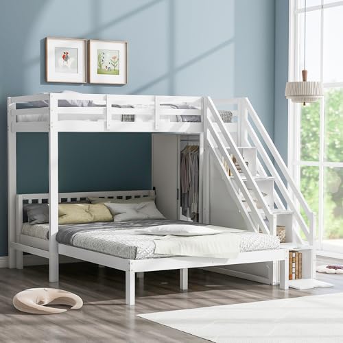 Kinderbett Etagenbett 90x200 & 140x200 cm, Hochbett mit Kleiderschrank & Aufbewahrungstreppe, Multifunktionsbett Holzbett Bettgestell mit Rausfallschutz & Lattenrost, Massivholz, Ohne Matratze, Weiß von MYBOO