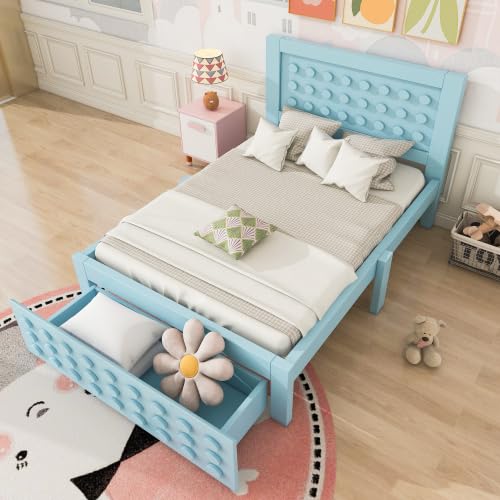 Kinderbett Holzbett 90x200 cm, Einzelbett mit Schublade und Unterm Bett Stauraum, Bett Stauraumbett Jugendbett Bettgestell mit Lattenrost und Kreativem Block Design, Massivholz, Ohne Matratze, Blau von MYBOO