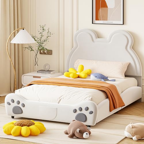 Kinderbett Polsterbett 140x200 mit Lattenrost, Cartoon Bärenform Kinder Bett Doppelbett Bettgestell Jugendbett Bettrahmen Bett für Jungen und Mädchen, hautfreundlicher Velours, Weiß, ohne Matratze von MYBOO