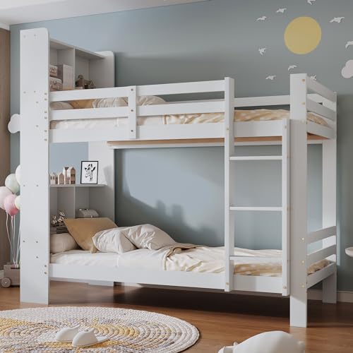 MYBOO 90cm Bett, Etagenbett mit Regalen und dreistufiger, Kinderbett 90 x 200 cm mit Leiter, Hochbett für Kinder, Rausfallschutz, Stauraum im Bett, Bettrahmen aus Massivholz von MYBOO