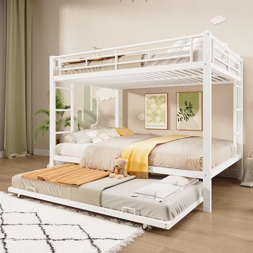 MYBOO Kinderbett Etagenbett 140x200 cm, Hochbett Stockbett mit Ausziehbett, Metallbett Eisenbett Jugendbett Doppelbett Bettgestell Funktionsbett Kinderhochbett mit Rausfallschutz, Ohne Matratze, Weiß von MYBOO