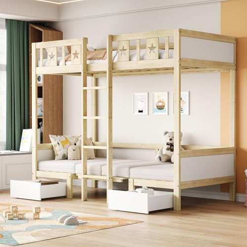MYBOO Kinderbett Etagenbett 90x200, Hochbett mit verstellbarem Tisch&2 Schubladen&Leiter, Stockbett Doppelbett Holzbett Jugendbett mit Lattenrost&Rausfallschutz, Kiefernholz, Ohne Matratze, Holzfarbe von MYBOO