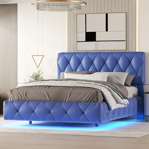 MYBOO Polsterbett 140x200, Doppelbett mit Lattenrost und LED-Beleuchtung, Bett Schwebebetten mit Verstellbares Kopfteil, Rückenlehne Bettgestell Jugendbett Gästebett, ohne Matratze, PU Material, Blau von MYBOO