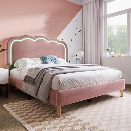 MYBOO Polsterbett 140x200 cm, LED Bett Einzelbett mit verstellbares Kopfteil und Lattenrost, Bettgestell Kinderbett Jugendbett Mädchenbett Gästebett Familienbett Bettrahmen, Samt, Rosa, ohne Matratze von MYBOO
