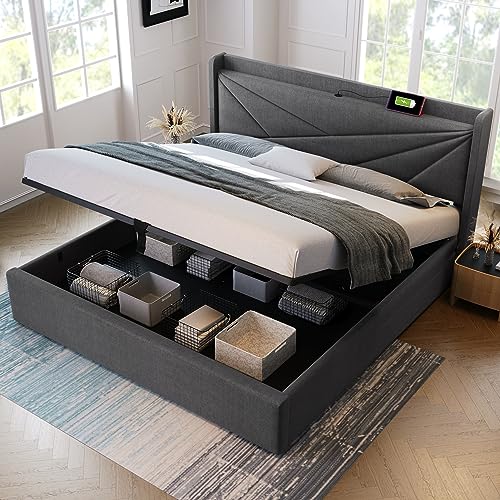 MYBOO Polsterbett Doppelbett 140x200, Stauraum Bettkasten mit USB Typ C Ladefunktion Kopfteil, Stauraumbetten Bettgestell aus Leinenmaterial Jugendbett Bett Lattenrost (140x200,Grey) von MYBOO