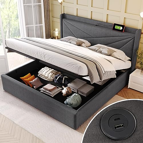 MYBOO Polsterbett Doppelbett 180x200, Stauraum Bettkasten mit USB Typ C Ladefunktion Kopfteil, Stauraumbetten Bettgestell aus Leinenmaterial Jugendbett Bett Lattenrost (180x200,Grey) von MYBOO