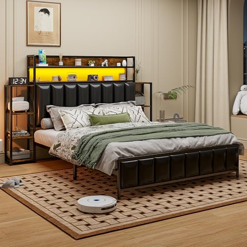 Metallbett Eisenbett Doppelbett 140x200, Polsterbett mit Mehreren Einlegeböden&LED-Beleuchtung&Kopfteil Stauraum, Bettgestell aus Massivem Eisen, Kinderbett Jugendbett Familienbett, Kunstleder,Schwarz Metallbett Eisenbett Doppelbett 140x200, Polsterbett mit Mehreren Einlegeböden&LED-Beleuchtung&Kopfteil Stauraum, Bettgestell aus Massivem Eisen, Kinderbett Jugendbett Familienbett, Kunstleder,Schwarz von MYBOO