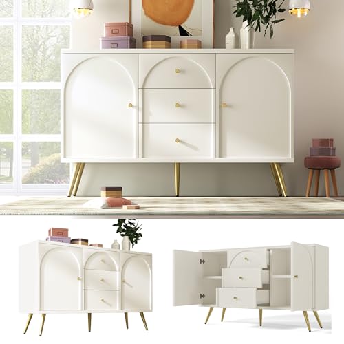 Moderne Kommode Sideboard mit 2 Türen und 3 Schubladen, Aufbewahrungsschrank Kommodenschrank Küchenschrank, Verstellbare Ablage, für Wohnzimmer Schlafzimmer und Flur, Weiß-140 x 84 x 40 cm (B/H/T) von MYBOO