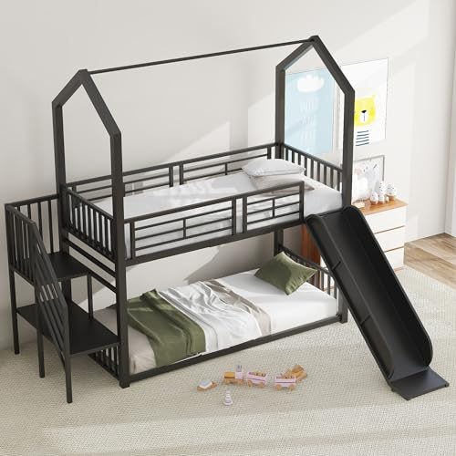 Platzsparendes Etagenbett 90x200 cm für Kinder, Eisenrahmenbett Hochbett Hausbett mit Winkelaufstiegsleiter und Rutsche, Kinderbett mit Absturzsicherung, Bettgestell aus Stabil Metall-Eisen, Schwarz von MYBOO