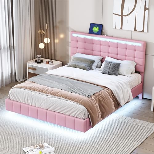 Polsterbett 140x200, LED Doppelbett mit Lattenrost, Verstellbares Kopfteil mit USB Ladefunktion, Schwebebettrahmen Rückenlehne Bettgestell Gästebett, hautfreundliches Leinen, ohne Matratze, Rosa von MYBOO