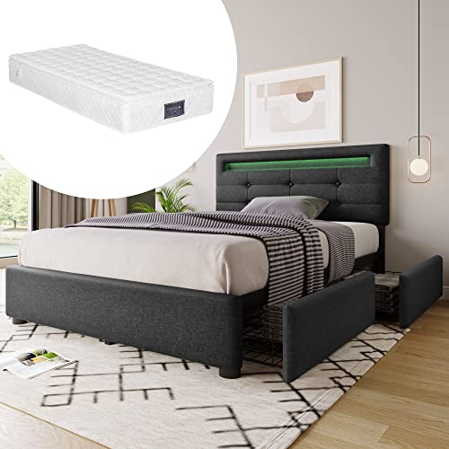 Polsterbett 90x200, LED Einzelbett mit 2 Schubladen und verstellbarem Kopfteil, Bettgestell mit Lattenrost, Stauraumbett Funktionsbetten Rückenlehne Bett Jugendbett Bettrahmen, Grau, Mit Matratze von MYBOO