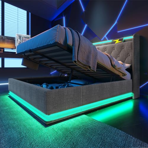 Polsterbett Doppelbett 140x200, LED Jugendbett Hydraulisch Stauraumbett Funktionsbett Bettgestell mit Stauraum & Lattenrost, Kopfteil mit USB Typ-C Ladefunktion & Staufach, Leinen, Ohne Matratze, Grau von MYBOO