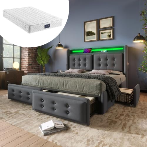 Polsterbett Doppelbett 160x200, LED Stauraumbett Jugendbett mit 4 Schubladen&USB C Ladefunktion&Staufach, Bett Funktionsbett Rückenlehne Bettgestell mit Holz Lattenrost, Baumwolle, Mit Matratze, Grau von MYBOO