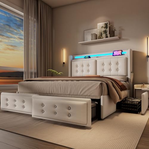 Polsterbett Doppelbett 180x200, LED Stauraumbett Jugendbett mit 4 Schubladen&USB C Ladefunktion&Staufach, Bett Funktionsbett Rückenlehne Bettgestell mit Holz Lattenrost, Baumwolle, Ohne Matratze,Beige von MYBOO