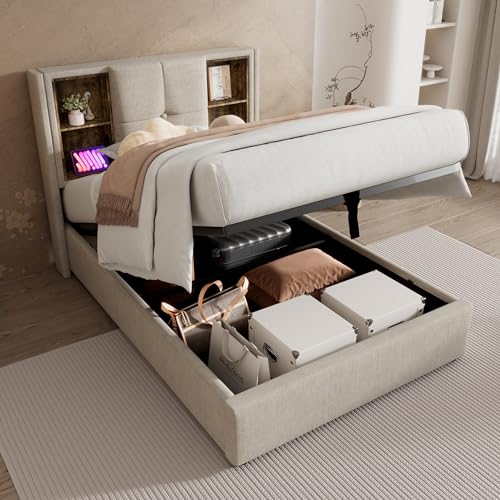 Polsterbett Einzelbett 90x200, Hydraulisch Stauraumbett Funktionsbett mit Kabellosem Laden USB Typ-C&Großer Stauraum, Jugendbett Bettgestell mit 4 Staufach&Lattenrost, Leinen, Natürlich, Ohne Matratze von MYBOO