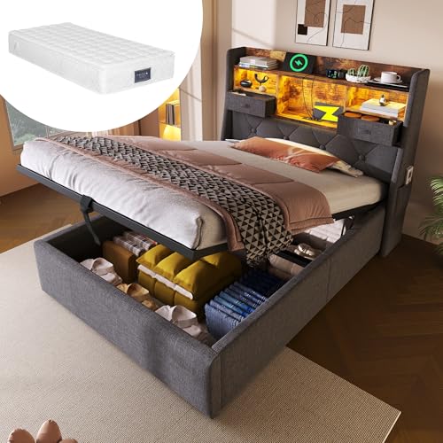 Polsterbett Einzelbett 90x200, Hydraulisch Stauraumbett Jugendbett Funktionsbett Bettgestell mit Stauraum&Lattenrost, Stauraum-Kopfteil mit LED-Bleuchtung&USB Ladestation, Leinen, Mit Matratze, Grau Polsterbett Einzelbett 90x200, Hydraulisch Stauraumbett Jugendbett Funktionsbett Bettgestell mit Stauraum&Lattenrost, Stauraum-Kopfteil mit LED-Bleuchtung&USB Ladestation, Leinen, Mit Matratze, Grau von MYBOO