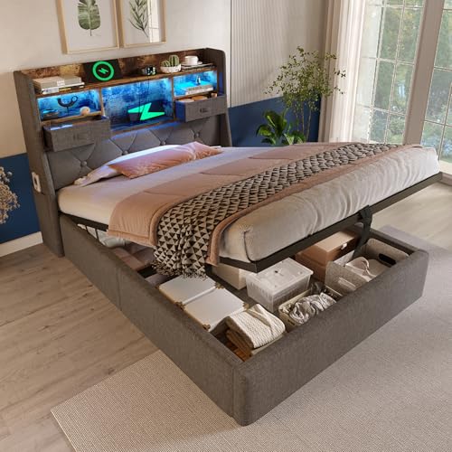 Polsterbett Einzelbett 90x200, Hydraulisch Stauraumbett Jugendbett Funktionsbett Bettgestell mit Stauraum&Lattenrost, Stauraum-Kopfteil mit LED-Bleuchtung&USB Ladestation, Leinen, Ohne Matratze, Grau Polsterbett Einzelbett 90x200, Hydraulisch Stauraumbett Jugendbett Funktionsbett Bettgestell mit Stauraum&Lattenrost, Stauraum-Kopfteil mit LED-Bleuchtung&USB Ladestation, Leinen, Ohne Matratze, Grau von MYBOO
