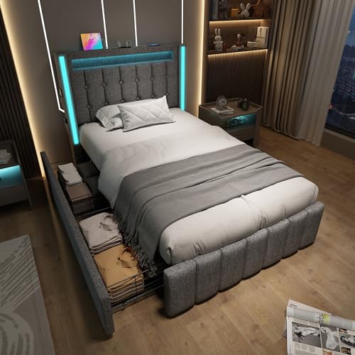 Polsterbett Einzelbett 90x200, LED Jugendbett mit USB Typ C Ladefunktion und 2 Schubladen, Bett Stauraumbett Funktionsbett Rückenlehne Bettgestell mit Holz Lattenrost, Leinen, Grau, Ohne Matratze von MYBOO