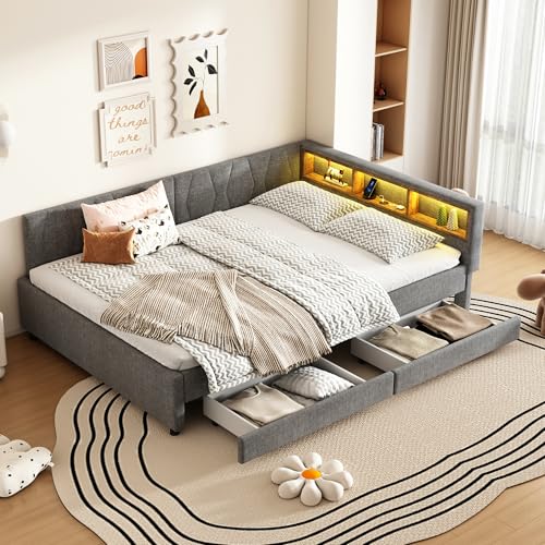 Polsterbett Schlafsofa 140x200, Doppelbett mit LED-Licht&USB Ladefunktion&2 Schubladen&Ablagefach, Funktionsbett Tagesbett Kinderbett Jugendbett Bettgestell mit Lattenrost, Leinen, Ohne Matratze, Grau von MYBOO