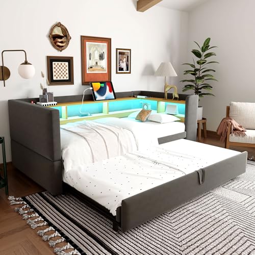 Polsterbett Tagesbett Gästebett 90x190, Schlafsofa Multifunktionsbett mit Ausziehbett&LED&USB&Staufach, Einzelbett Doppelbett Daybett Bettgestell mit Lattenrost, Flannelette, Ohne Matratze, Dunkelgrau Polsterbett Tagesbett Gästebett 90x190, Schlafsofa Multifunktionsbett mit Ausziehbett&LED&USB&Staufach, Einzelbett Doppelbett Daybett Bettgestell mit Lattenrost, Flannelette, Ohne Matratze, Dunkelgrau von MYBOO