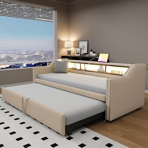 Polsterbett Tagesbett Gästebett 90x190, Schlafsofa Multifunktionsbett mit Ausziehbett&LED&USB&Staufach, Einzelbett Doppelbett Daybett Bettgestell mit Lattenrost, Leinenstoff, Ohne Matratze, Beige Polsterbett Tagesbett Gästebett 90x190, Schlafsofa Multifunktionsbett mit Ausziehbett&LED&USB&Staufach, Einzelbett Doppelbett Daybett Bettgestell mit Lattenrost, Leinenstoff, Ohne Matratze, Beige von MYBOO