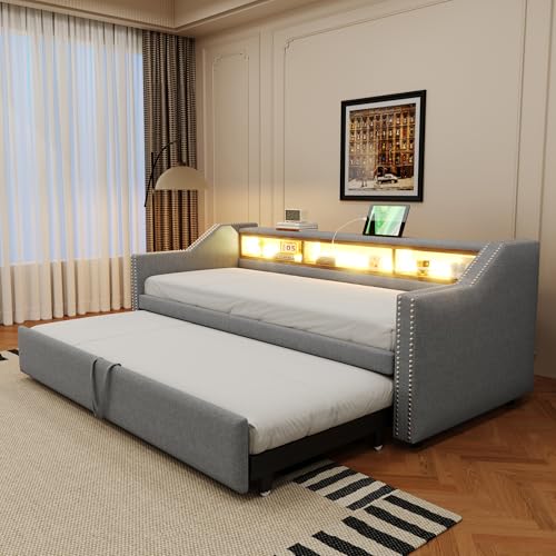 Polsterbett Tagesbett Gästebett 90x190, Schlafsofa Multifunktionsbett mit Ausziehbett&LED&USB&Staufach, Einzelbett Doppelbett Daybett Bettgestell mit Lattenrost, Leinenstoff, Ohne Matratze, Hellgrau Polsterbett Tagesbett Gästebett 90x190, Schlafsofa Multifunktionsbett mit Ausziehbett&LED&USB&Staufach, Einzelbett Doppelbett Daybett Bettgestell mit Lattenrost, Leinenstoff, Ohne Matratze, Hellgrau von MYBOO