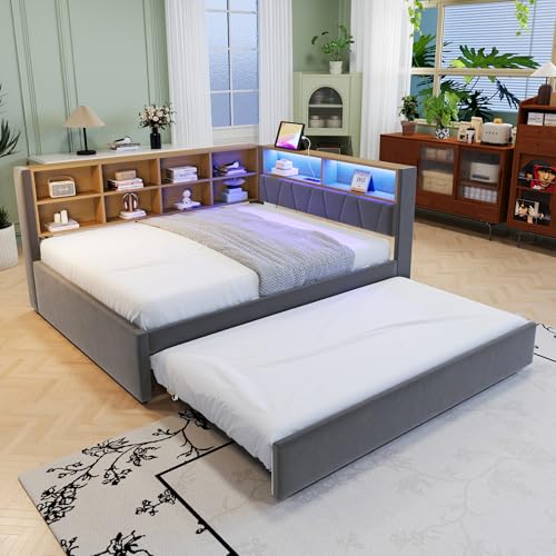 Tagesbett Schlafsofa 140x200 cm, Polsterbett Multifunktionsbett mit Ausziehbarem Bett 90x190 cm&USB-Steckdose&LED Leuchten& Mehreren Ablagefächern, Doppelbett mit Lattenrost, Ohne Matratze, Dunkelgrau von MYBOO