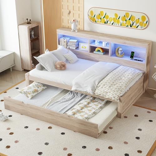 Tagesbett Schlafsofa 90x200 cm, Multifunktionsbett mit Ausziehbarem Bett 90x190 cm, USB-Steckdose, Ambientebeleuchtung und Bettseitiges Staufach, Einzelbett Daybett mit Lattenrost, Ohne Matratze,Natur Tagesbett Schlafsofa 90x200 cm, Multifunktionsbett mit Ausziehbarem Bett 90x190 cm, USB-Steckdose, Ambientebeleuchtung und Bettseitiges Staufach, Einzelbett Daybett mit Lattenrost, Ohne Matratze,Natur von MYBOO