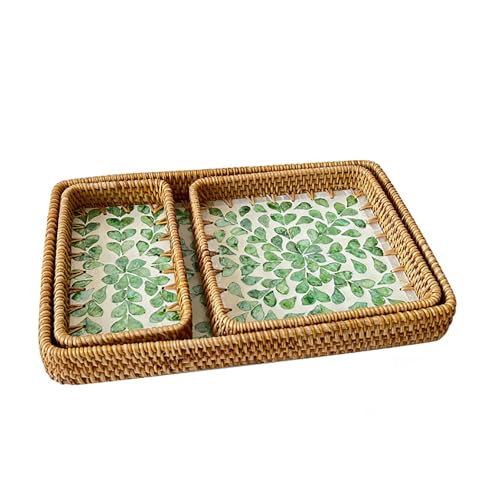 MYBSXKEOZ Rattan-Serviertablett Mit Perlmutte Inlage,Vintage Tablett Aus Rattan Mit Muschel,Handgewebtes Dekoratives Serviertablett, Dekotablett Und Serviertablett Im Boho Stil(D) von MYBSXKEOZ