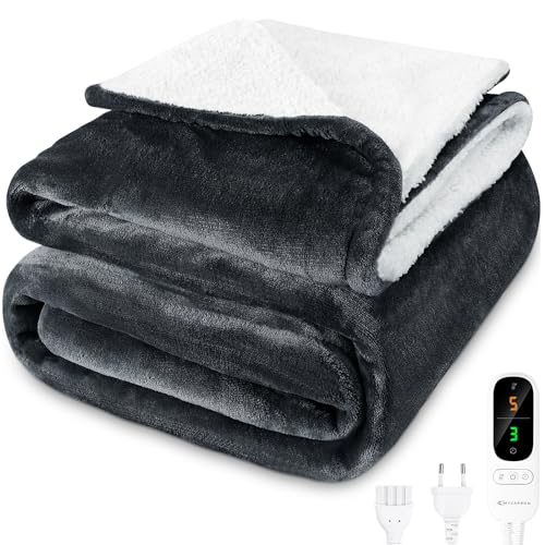 MYCARBON Heizdecke mit abschaltautomatik 180x160cm, Waschbar Wärmedecke Elektrisch mit 6 Heizstufen 9h Timer, Überhitzungsschutz & Mehrschichtiger Schutz für Home Bett Büro Sofa Dunkelgrau von MYCARBON
