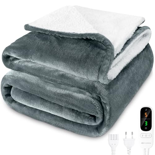 MYCARBON Heizdecke mit abschaltautomatik 180x160cm, Waschbar Wärmedecke Elektrisch mit 6 Heizstufen 9h Timer, Überhitzungsschutz & Mehrschichtiger Schutz für Home Bett Büro Sofa Hellgrau von MYCARBON