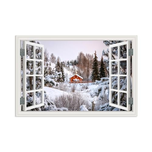 Bild Fensterblick Winter,Schneehütte Brücke Bäume Winterscheune,Leinwand Bilder Fensterblick Winterwald Natur Wandbilder Kunst Bild FüR Moderne Wohnzimmer Schlafzimmer120x80cm(47x31in) poster von MYCGGDGH
