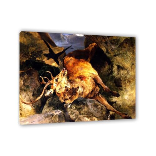 Edwin Landseer Kunstdrucke auf Leinwand Ein Hirsch, der aus einem Abgrund gefallen ist Druck auf Leinwand Berühmte Gemälde Reproduktion Tiere bilder Wandkunst Wohndeko35x30cm(14x12in)Gerahmt von MYCGGDGH
