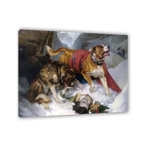 MYCGGDGH Edwin Landseer Kunstdrucke auf Leinwand Alpine Mastiffs, die Reisende wiederbeleben Druck auf Leinwand Berühmte Gemälde Reproduktion Tiere bilder Wandkunst Wohndeko48x40cm(19x16in) Gerahmt von MYCGGDGH