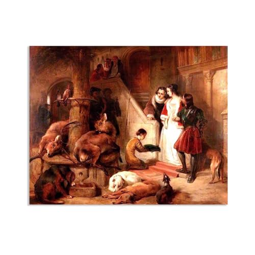 MYCGGDGH Edwin Landseer Kunstdrucke auf Leinwand Bolton Court in alten Zeiten Druck auf Leinwand Berühmte Gemälde Reproduktion Tiere bilder Wandkunst Wohndeko70x60cm(28x24in) Gerahmt von MYCGGDGH