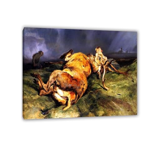 MYCGGDGH Edwin Landseer Kunstdrucke auf Leinwand Ein Hirsch, der gerade erschossen wurde Druck auf Leinwand Berühmte Gemälde Reproduktion Tiere bilder Wandkunst Wohndeko40x30cm(16x12in) Gerahmt von MYCGGDGH