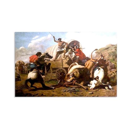MYCGGDGH Edwin Landseer Kunstdrucke auf Leinwand Ein von einem Löwen angegriffener Ochsenzug Druck auf Leinwand Berühmte Gemälde Reproduktion Tiere bilder Wandkunst Wohndeko50x30cm(20x12in) Rahmenlos von MYCGGDGH