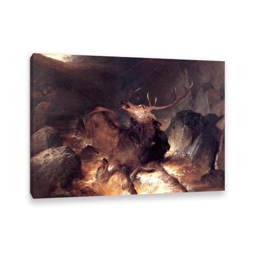 MYCGGDGH Edwin Landseer Kunstdrucke auf Leinwand Hirsch- und Hirschhund in einem Berg Druck auf Leinwand Berühmte Gemälde Reproduktion Tiere bilder Wandkunst Wohndeko100x70cm(33x28in) Gerahmt von MYCGGDGH
