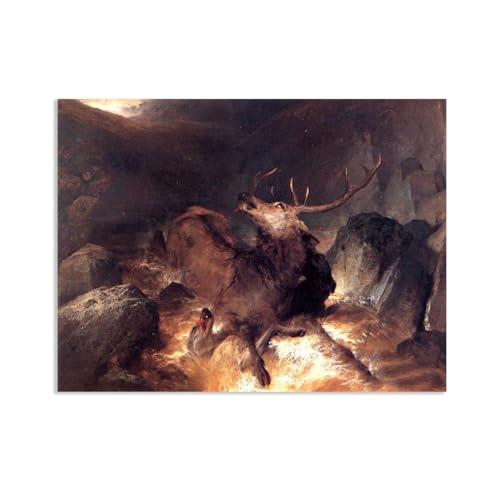 MYCGGDGH Edwin Landseer Kunstdrucke auf Leinwand Hirsch- und Hirschhund in einem Berg Druck auf Leinwand Berühmte Gemälde Reproduktion Tiere bilder Wandkunst Wohndeko70x50cm(28x20in) Rahmenlos von MYCGGDGH